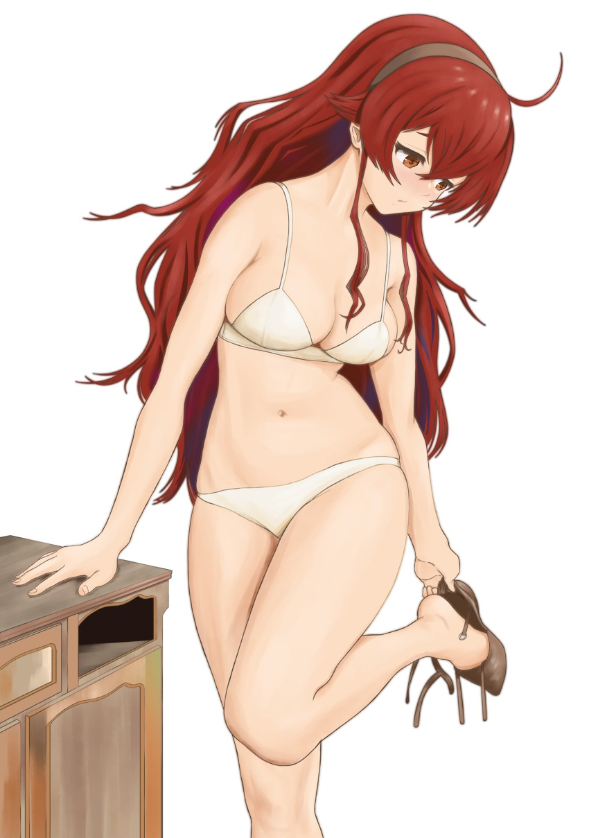 1girl adjusting_footwear ahoge bare_shoulders bra breasts brown_hairband cleavage eris_greyrat foot_up hair_between_eyes hairband highres large_breasts long_hair looking_down mushoku_tensei navel orange_eyes panties putting_on_shoes red_hair rora_(user_vgpk4444) simple_background solo standing standing_on_one_leg table thighhighs thighs underwear underwear_only white_background white_bra white_panties wooden_table