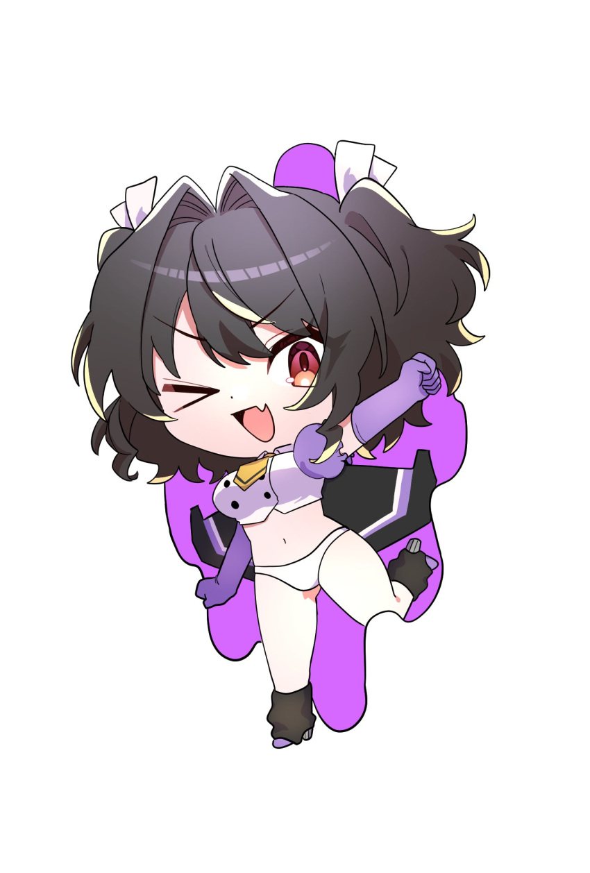 1girl :d black_hair black_leg_warmers breasts brown_eyes chibi clenched_hands cropped_shirt elbow_gloves fang genderswap genderswap_(mtf) gloves hair_ribbon high_heels highres humanization medium_breasts necktie omega_2_5 one_eye_closed open_mouth orange_necktie panties purple_footwear purple_gloves purple_panties purple_shirt ribbon shirt short_hair skin_fang skywarp smile solo transformers twintails underwear white_ribbon