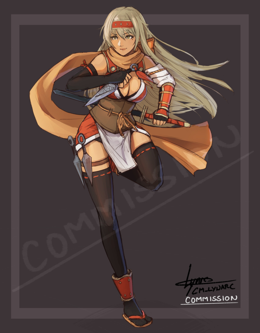 1girl blonde_hair breasts cleavage cm_lynarc commentary dark-skinned_female dark_skin english_commentary fire_emblem fire_emblem:_the_binding_blade fire_emblem_heroes full_body highres holding holding_weapon igrene_(fire_emblem) igrene_(ninja)_(fire_emblem) large_breasts leg_up looking_to_the_side ninja official_alternate_costume sandals signature weapon
