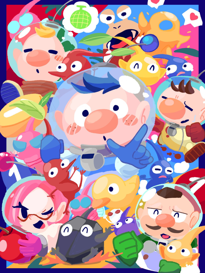 1girl 4boys :o ^_^ alien alph_(pikmin) big_nose black_eyes black_skin blonde_hair blue_background blue_eyes blue_gloves blue_hair blue_pikmin blue_skin blush_stickers border bound brittany_(pikmin) brown_hair bulborb buttons charlie_(pikmin) cherry clenched_hand closed_eyes colored_skin commentary_request creature crying crying_with_eyes_open everyone eyelashes facial_hair fangs flying flying_teardrops food freckles fruit glasses gloves green_gloves hands_on_another's_arm heart helmet highres holding holding_creature holding_food holding_fruit insect_wings leaf light_particles looking_at_viewer louie_(pikmin) melon mohawk motion_blur multicolored_background multiple_boys mustache no_mouth olimar omame_sakana one_eye_closed open_mouth outstretched_arms oversized_object pellet_(pikmin) pikmin_(creature) pikmin_(series) pikmin_3 pink_background pink_gloves pink_hair pink_skin plasm_wraith plump pointing pointing_at_viewer pointy_ears pointy_nose purple_border purple_hair purple_pikmin purple_skin radio_antenna red-framed_eyewear red_background red_eyes red_gloves red_pikmin red_skin rock rock_pikmin rubber_duck running shockwave short_hair smile solid_circle_eyes solid_oval_eyes space_helmet spacesuit spoken_heart striped striped_background sweatdrop tears thought_bubble tied_up_(nonsexual) tongue triangle_mouth triangular_eyewear v-shaped_eyes very_short_hair wavy_mouth whistle white_pikmin white_skin winged_pikmin wings yellow_background yellow_pikmin yellow_skin