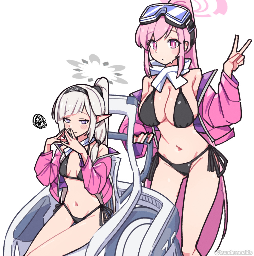 2girls @_@ bikini black_bikini blue_archive blush breasts eimi_(blue_archive) eimi_(swimsuit)_(blue_archive) grey_hair groin hairband halo highres himari_(blue_archive) jacket large_breasts long_hair multiple_girls navel off_shoulder pink_eyes pink_hair pink_jacket ponytail purple_eyes side-tie_bikini_bottom small_breasts squiggle steepled_fingers swimsuit tsunderemaids v very_long_hair wheelchair