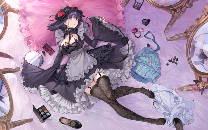 1girl :o absurdres apron bed_sheet between_breasts black_choker black_dress black_garter_straps black_hair black_hairband black_necktie black_thighhighs blush breasts cellphone chain chain_leash choker cleavage cleavage_cutout clothing_cutout cosmetics cosplay dress fingernails floral_print flower frilled_hairband frilled_sleeves frills garter_straps grey_apron hair_flower hair_ornament hairband highres kitagawa_marin knees_together_feet_apart kuroe_shizuku kuroe_shizuku_(cosplay) large_breasts leash lipstick looking_at_viewer lying makeup mirror nail_polish necktie necktie_between_breasts nianbingzi on_back phone pillow purple_eyes shoes skirt solo sono_bisque_doll_wa_koi_wo_suru thighhighs toes unworn_shirt unworn_shoes unworn_skirt wide_sleeves zettai_ryouiki