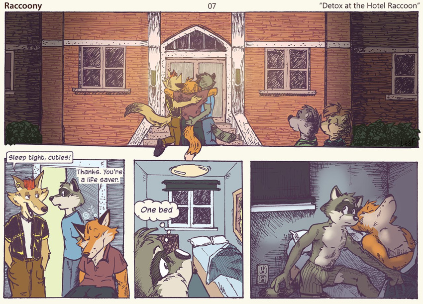 aiden_harris anthro canid canine canis closet_coon clothing colin_young college comic coyote drunk english_text fox group leafdog magferret_(artist) male mammal procyonid raccoon rodney_waters school sleeping sleeping_together substance_intoxication text trio underwear