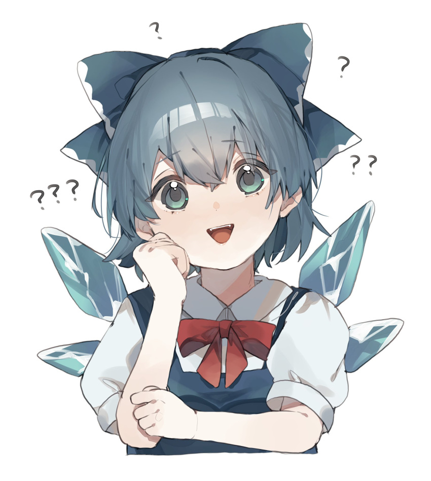 1girl ? blue_bow blue_dress blue_eyes blue_hair bow bowtie cirno dress fairy gominami hair_bow highres ice ice_wings large_bow red_bow red_bowtie shirt smile solo touhou white_background white_shirt wings