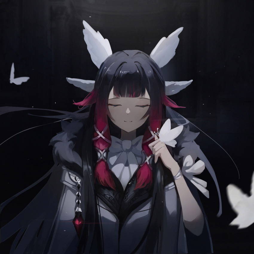 1girl absurdres bandaged_wrist bandages bare_shoulders black_background black_hair blunt_bangs bow closed_eyes coat columbina_(genshin_impact) commentary_request eye_mask fur-trimmed_coat fur_trim genshin_impact hair_flaps hair_ornament hair_tubes hand_up head_wings highres multicolored_hair open_mouth pink_hair portrait shirt solo spica-sh streaked_hair two-tone_hair watermark white_bow white_mask white_shirt wing_hair_ornament wings x-shaped_eyewear x_hair_ornament