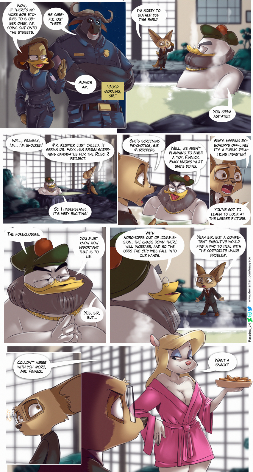 absurd_res anatid animaniacs anseriform anthro avian bathrobe bird breasts buffalo canid canine chief_bogo cleavage clothed clothing dialogue disney duck ducktales ducktales_(2017) female fennec finnick_(zootopia) flintheart_glomgold fox hi_res hot_tub male mammal minerva_mink mink mustelid musteline nauyaco police_uniform robe speech_bubble true_musteline uniform warner_brothers zootopia