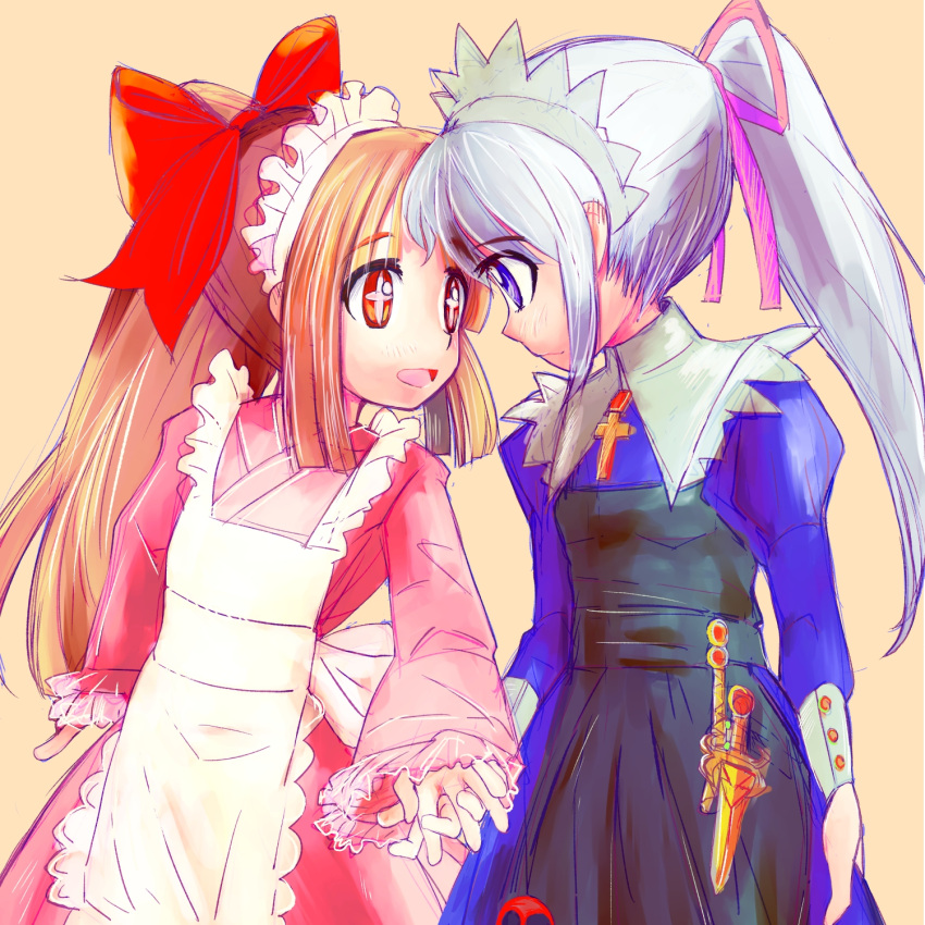 2girls :d apron back_bow black_apron blonde_hair blue_dress bow cross cross-shaped_pupils dagger dress eye_contact forehead-to-forehead futaba_channel grey_hair hair_bow hair_ribbon heads_together highres holding_hands interlocked_fingers itai japanese_clothes kimono knife long_sleeves looking_at_another maid maid_headdress multiple_girls nijiura_maids open_mouth orange_eyes pink_kimono pink_ribbon ponytail purple_eyes red_bow ribbon simple_background smile symbol-shaped_pupils tensai_(nijiura_maids) tsukiyono_aroe weapon white_bow yellow_background