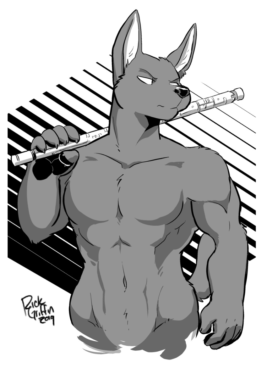 2019 anthro anup featureless_eyes fur greyscale hayven_celestia hi_res male monochrome muscular muscular_anthro muscular_arms muscular_male nude rick_griffin solo staff