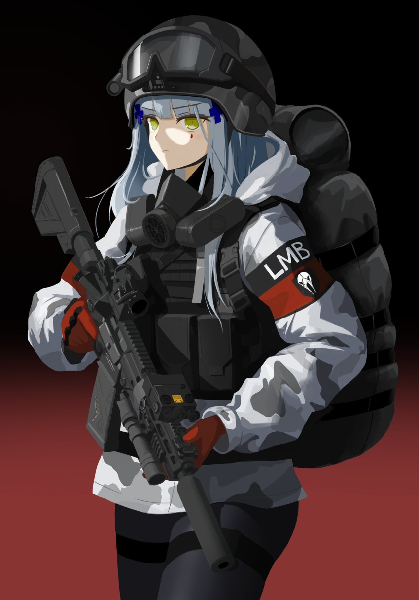 1girl arctic_camouflage assault_rifle backpack bag black_headwear black_pants blue_hair chest_rig gas_mask girls'_frontline gloves gradient_background green_eyes gun h&amp;k_hk416 helm helmet highres hk416_(girls'_frontline) holding holding_weapon jacket mask optical_sight pants qwer_v2 red_gloves rifle serious solo suppressor two-tone_background weapon white_jacket
