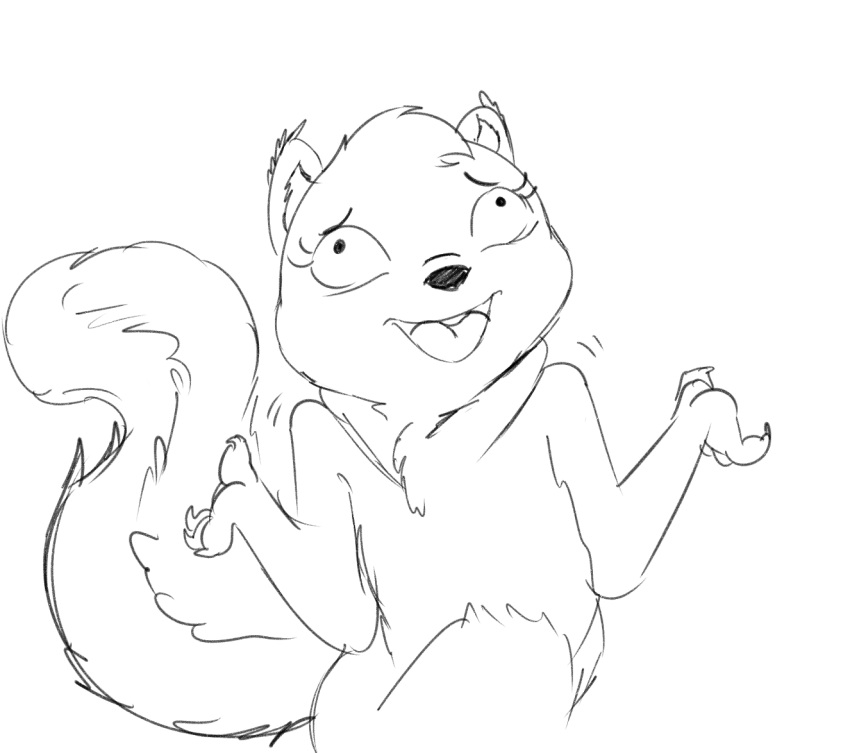 2023 anthro black_and_white black_nose buckteeth different_artstyle disney female gesture greyscale kiff_(series) kiff_chatterley mammal monochrome motion_lines open_mouth rodent sciurid shrug simple_background smeet_(artist) solo teeth tongue tree_squirrel white_background