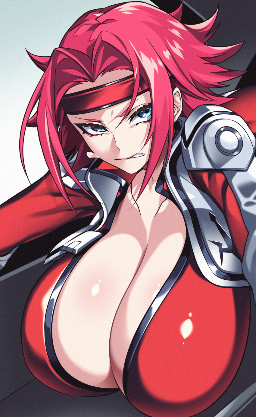 1girl absurdres alternate_breast_size blue_eyes bodysuit breasts cleavage clenched_teeth cockpit code_geass collarbone hair_intakes hairband highres huge_breasts hz_(666v) jacket jumpsuit kallen_stadtfeld large_breasts leaning_forward long_sleeves looking_at_viewer medium_hair open_clothes open_jacket partially_unzipped pilot_suit piloting reaching red_hair red_jumpsuit solo straddling teeth upper_body