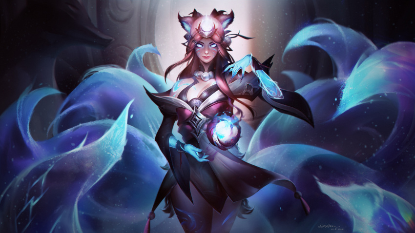 1girl absurdres ahri_(league_of_legends) animal_ears artist_name blue_eyes breasts cleavage energy_ball facial_mark fingernails fox_ears fox_girl fox_tail glowing glowing_eyes glowing_hand gradient_hair hair_ornament highres indoors jewelry large_breasts league_of_legends leg_tattoo long_hair looking_at_viewer multicolored_hair multiple_tails necklace official_alternate_costume official_alternate_hairstyle parted_lips pink_hair sharp_fingernails shoulder_tattoo smile snow_moon_ahri solo statue tail tattoo whisker_markings