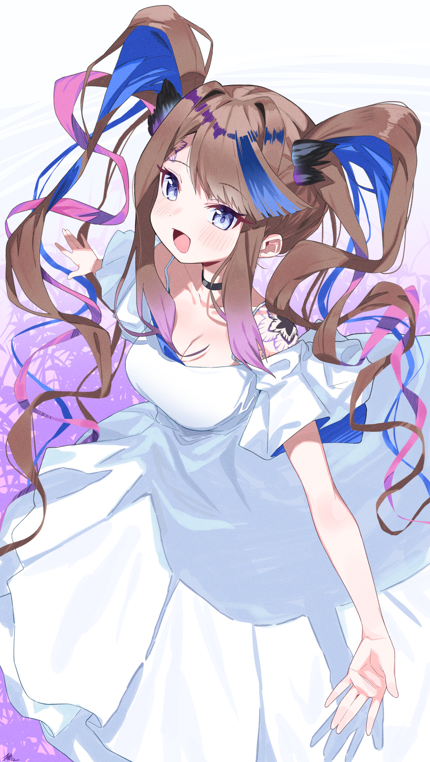1girl :d absurdres airi_kanna bare_shoulders black_choker blue_eyes blue_hair blush breasts brown_hair butterfly_tattoo choker cleavage collarbone commentary_request dress forehead_tattoo highres long_hair medium_breasts multicolored_hair pink_hair smile solo stellive swept_bangs tattoo tosyeo twintails two-tone_hair very_long_hair virtual_youtuber white_dress