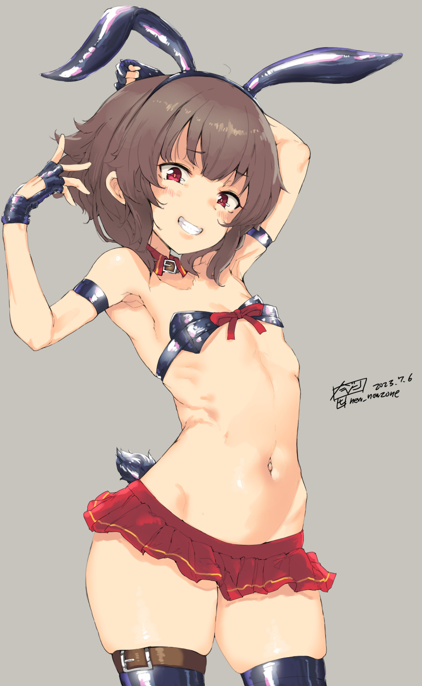 1girl absurdres animal_ears arm_strap armpits arms_up asymmetrical_legwear black_bra blush bow bow_bra bra brown_choker brown_hair choker cowboy_shot detached_collar fake_animal_ears fake_tail fingerless_gloves flat_chest gloves grey_background grin highres imazon kono_subarashii_sekai_ni_shukufuku_wo! leg_belt looking_at_viewer medium_hair megumin microskirt mismatched_legwear navel rabbit_ears rabbit_tail red_eyes red_ribbon red_skirt ribbon ribbon_bra ribs shiny_skin signature simple_background skindentation skirt smile solo standing tail teeth thighhighs thighs translation_request underwear