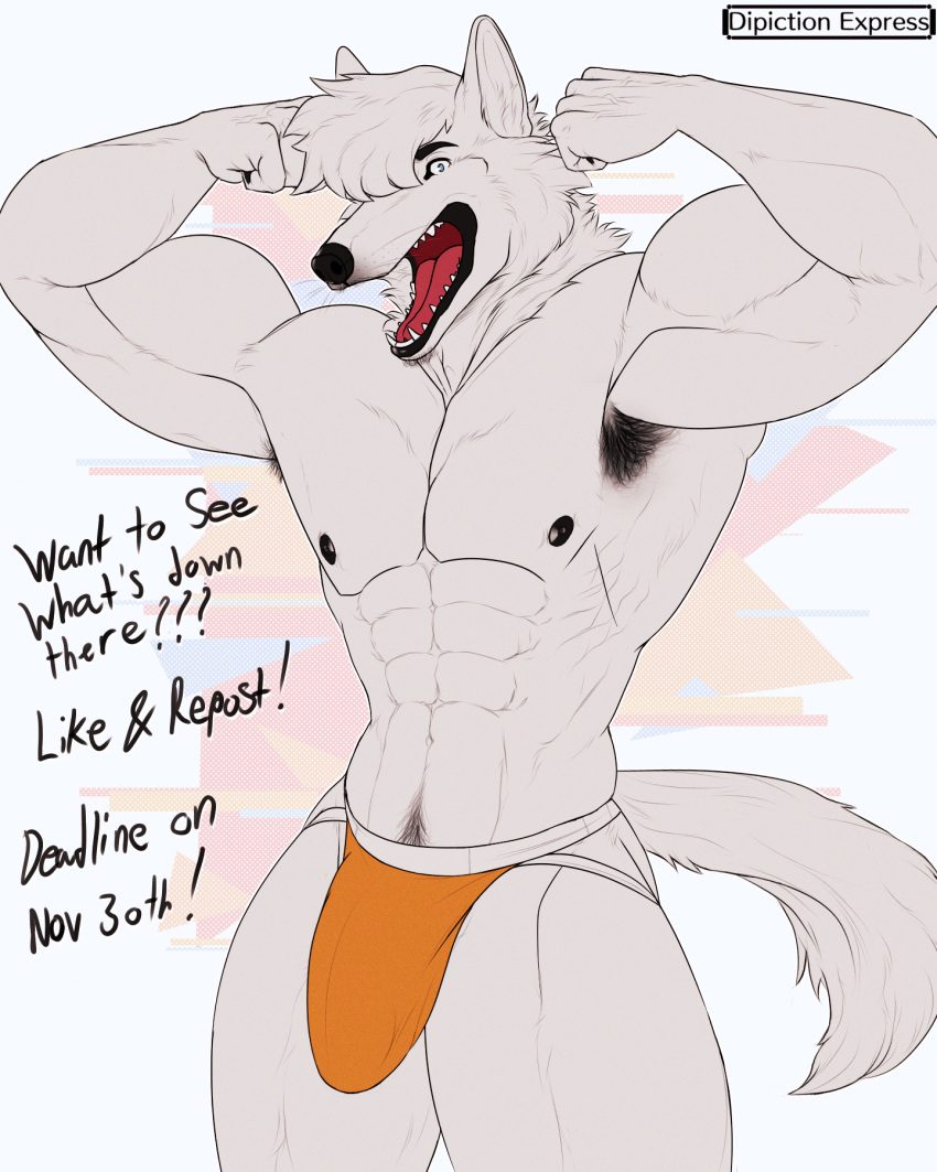 4:5 80's_theme abs anthro armpit_hair athletic athletic_anthro athletic_male big_bulge black_gums black_nipples black_pawpads blue_eyes body_hair bulge canid canine canis clothed clothing depictionexpress english_text facial_hair flexing_bicep flexing_both_biceps flexing_muscles fur happy_expression hi_res jockstrap jockstrap_only looking_at_viewer male mammal muscular muscular_anthro muscular_male nipples pants_only pattern_background pawpads pubes shirtless_anthro shirtless_male simple_background smile smiling_at_viewer solo solo_focus text topless topless_anthro topless_male underwear underwear_only white_body white_fur wolf