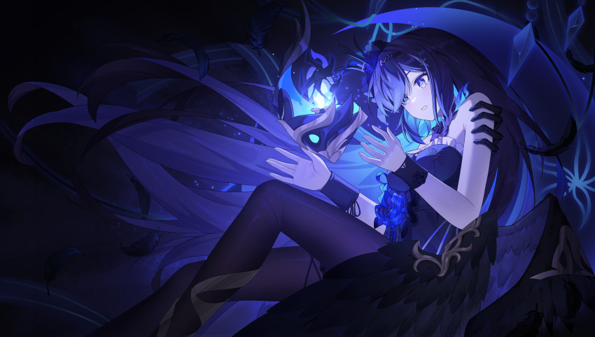 1girl absurdres bare_shoulders black_hair black_hairband black_pantyhose black_thighhighs black_wings blue_dress blue_eyes commentary_request crystal dress feathered_wings feathers feet_out_of_frame hairband hands_up highres honkai_(series) honkai_impact_3rd long_hair low_wings official_alternate_costume pantyhose parted_lips seele_vollerei seele_vollerei_(eternal_night's_embrace) seele_vollerei_(herrscher_of_rebirth) solo strapless strapless_dress sye- thighhighs very_long_hair wing_ornament wings