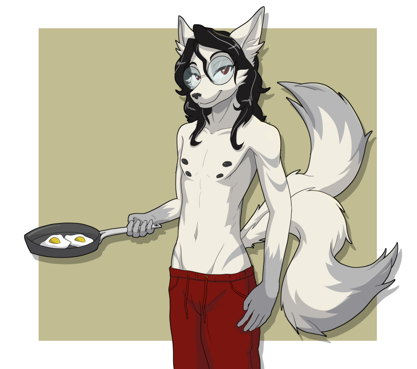 2_tails 4_nipples anthro canid canine canis cooking cookware eyewear fox frying_pan fur fur_markings girly glasses hair hi_res hybrid jannifer kit_(jannifer) kitchen_utensils looking_at_viewer male mammal markings multi_nipple multi_tail nipples nonbinary_(lore) pajama_pants red_eyes round_glasses shirtless smile solo tail tools wavy_hair white_body wolf