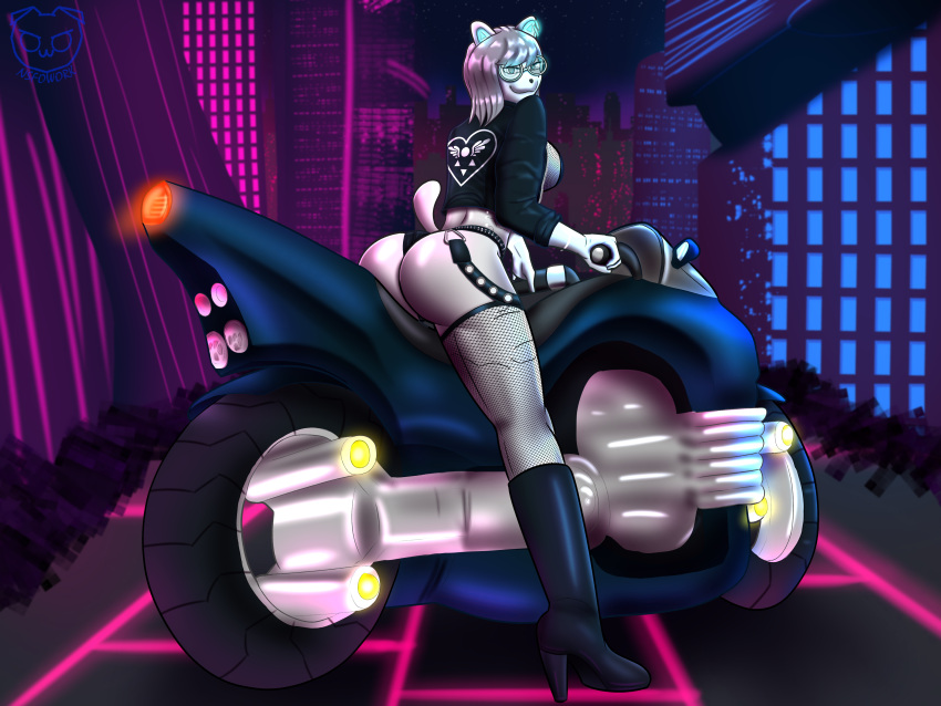 absurd_res android anthro belt big_butt blue_eyewear blue_glasses boots breasts butt city city_background clothing come_hither_look cropped_jacket cyberpunk delta_rune_(emblem) deltarune electronic_component eyewear female fishnet fishnet_bra fishnet_clothing fishnet_legwear fishnet_topwear footwear glasses glowing glowing_ears glowing_glasses glowing_jewelry grey_hair hair hi_res high_heeled_boots high_heels jacket jewelry leather leather_boots leather_clothing leather_footwear leather_jacket leather_topwear legwear machine motorcycle nsfowork on_vehicle robot sexy_eyes smile smiling_at_viewer smirk smirking_at_viewer solo studded_belt symbol temmie_(undertale) topwear undertale undertale_(series) vehicle white_body white_skin