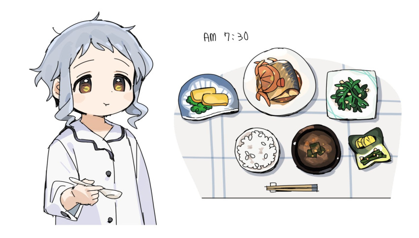 1girl bowl breakfast buttons chopsticks commentary dot_nose flat_chest food grey_hair hand_up holding holding_spoon idolmaster idolmaster_million_live! long_sleeves makabe_mizuki messy_hair morning pajamas puffy_cheeks rice_bowl salad sidelocks solo spawnfoxy spoon tablecloth upper_body wavy_hair white_background white_pajamas yellow_eyes