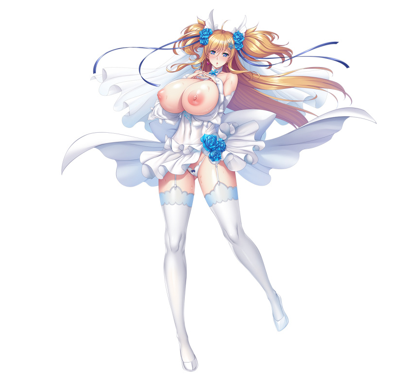 1girl ahoge aoi_nagisa_(metalder) blonde_hair blue_eyes breasts bride cleavage covered_navel dress earrings flower garter_straps heart heart-shaped_pupils high_heels highres huge_breasts jewelry lilith-soft lipstick long_hair makeup nail_polish nipples official_art onizaki_kirara panties sweat symbol-shaped_pupils taimanin_(series) taimanin_rpgx thighhighs twintails underwear white_panties