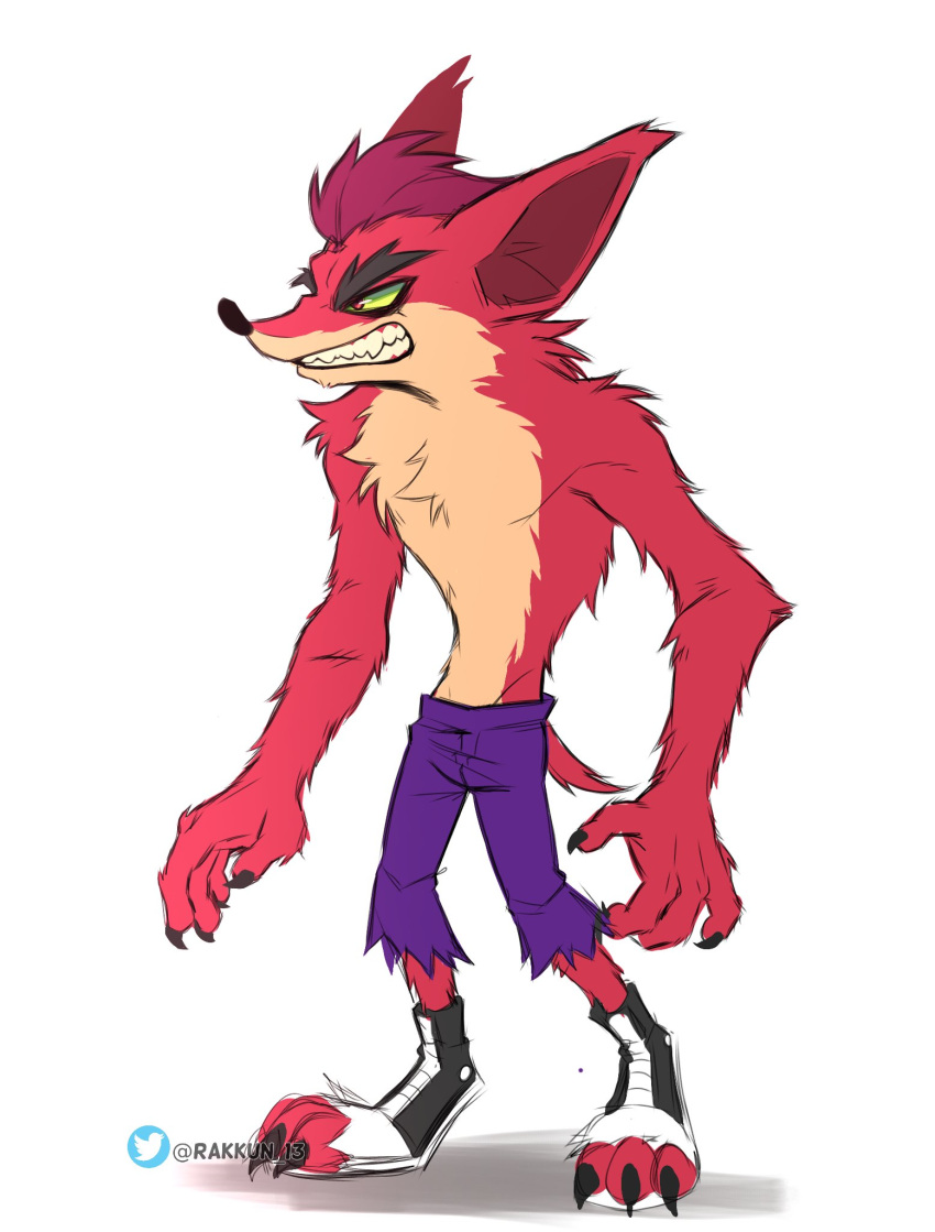 2020 4_fingers activision anthro artist_name bandicoot biped black_claws black_nose bottomwear claws clenched_teeth clothed clothing crash_bandicoot_(series) evil_crash eyebrows finger_claws fingers footwear full-length_portrait fur green_sclera hi_res male mammal marsupial pants portrait rakkun13 red_body red_eyes red_fur shoes simple_background solo standing teeth toe_claws topless white_background