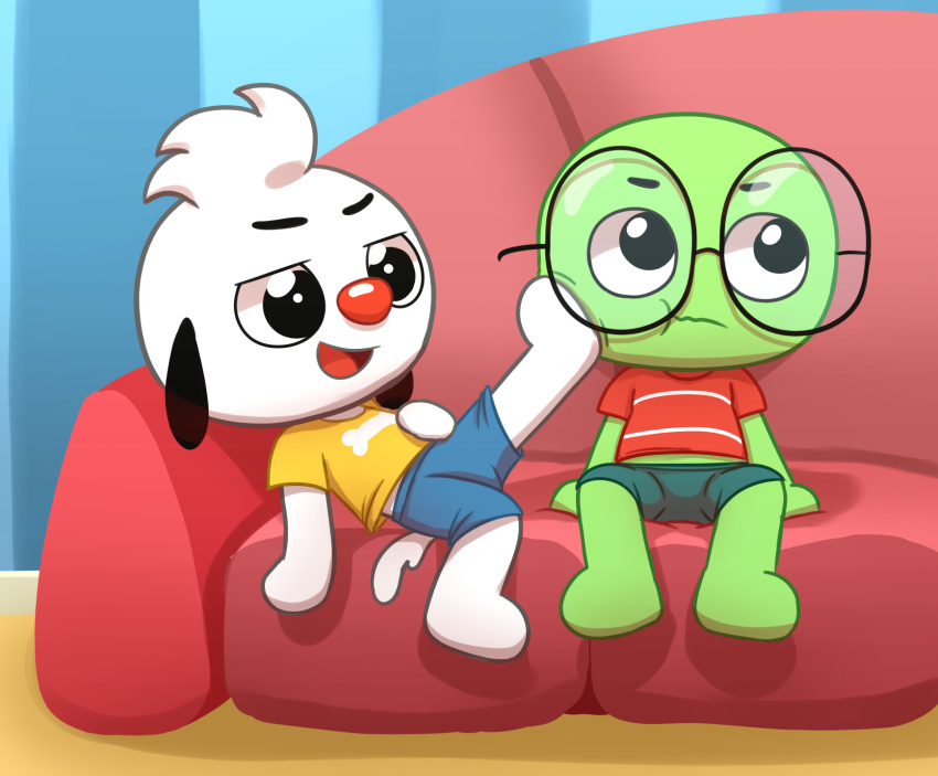 canid canine canis clothed clothing domestic_dog duo feet foot_on_head furniture hi_res junior_(playkids) living_room male male/male mammal polygon5 reptile scalie sofa theo_(playkids) turtle