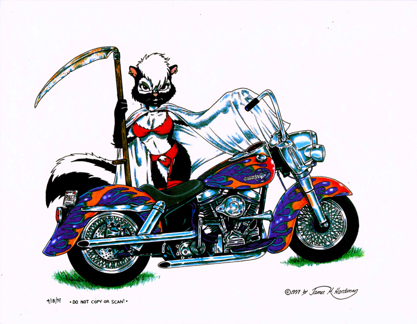 1997 absurd_res anthro brown_eyes cloak clothing female garter_belt garter_straps grass harley_davidson hi_res james_m_hardiman lingerie mammal melee_weapon mephitid motorcycle onyx_(jmh) plant polearm red_clothing red_underwear scythe skunk solo underwear vehicle weapon