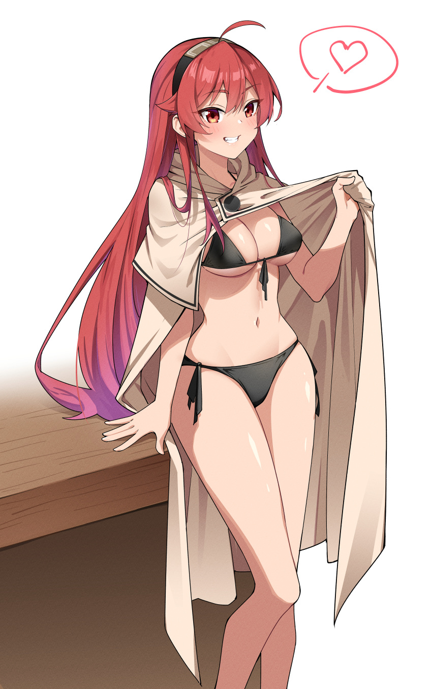 1girl absurdres ahoge bikini bikini_day bikini_under_clothes black_bikini black_headband breasts brown_cape cape cape_lift capelet chubb cleavage commentary_request eris_greyrat front-tie_bikini_top front-tie_top headband heart highres hood hood_down hooded_capelet lifted_by_self long_hair looking_at_viewer medium_breasts mushoku_tensei navel parted_lips red_eyes red_hair shiny_skin side-tie_bikini_bottom smile solo spoken_heart swimsuit very_long_hair