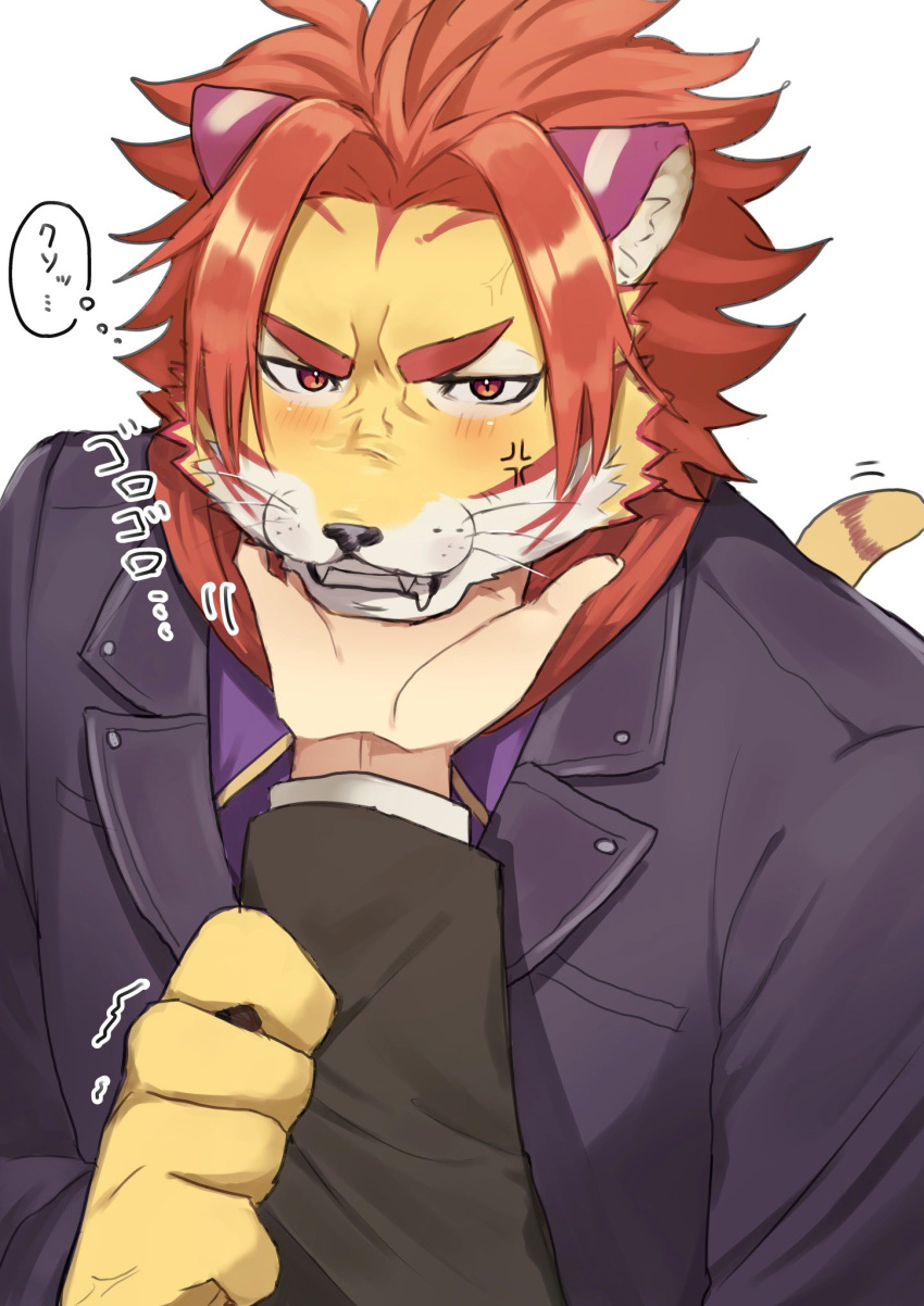 angry anthro blush cupping_chin duo embarrassed felid first_person_view fur hair hi_res human lifewonders male mammal nomad_(tas) orange_body orange_fur pantherine red_hair scratching_neck striped_body striped_fur stripes tiger tokyo_afterschool_summoners tsundere zri_088