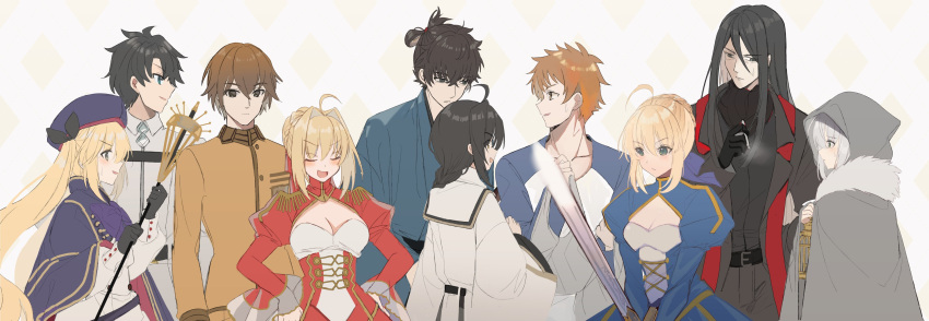 1other 4girls 5boys absurdres ahoge artoria_caster_(fate) artoria_pendragon_(fate) birdcage blonde_hair blue_capelet blue_dress blue_headwear blue_kimono breasts brown_jacket cage cape capelet chaldea_uniform cleavage closed_eyes commentary_request dress emiya_shirou excalibur_(fate/stay_night) fate/extra fate/grand_order fate/samurai_remnant fate/stay_night fate_(series) fujimaru_ritsuka_(male) gray_(fate) grey_cape hands_on_own_hips hat highres holding holding_cage holding_staff holding_sword holding_weapon homurahara_academy_school_uniform hood jacket japanese_clothes kimono kishinami_hakuno_(male) large_breasts long_hair lord_el-melloi_ii lord_el-melloi_ii_case_files miyamoto_iori_(fate) multiple_boys multiple_girls nero_claudius_(fate) nero_claudius_(fate/extra) orange_hair profile red_dress saber saber_(fate/samurai_remnant) school_uniform shibaebi_(yasaip_game) short_hair short_ponytail simple_background staff sweat sword trait_connection twintails uniform very_long_hair waver_velvet weapon white_background white_dress white_jacket wide_sleeves