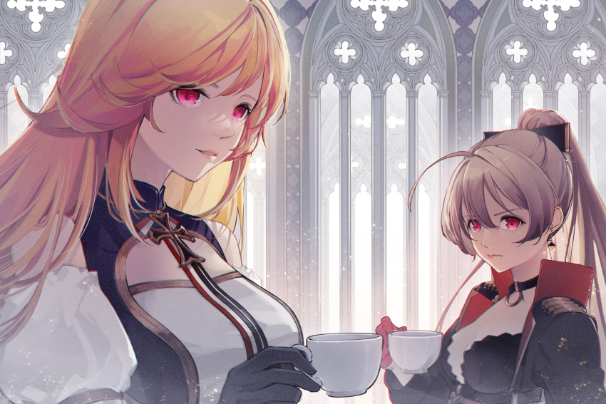 2girls absurdres aiguillette architecture azur_lane bare_shoulders black_choker black_gloves black_jacket breasts brown_hair choker cleavage closed_mouth cross cross-laced_clothes cup detached_sleeves earrings epaulettes french_flag gloves gothic_architecture hair_between_eyes half_gloves hatski.sin high_collar high_ponytail highres holding holding_cup indoors jacket jean_bart_(azur_lane) jewelry juliet_sleeves light_smile long_hair long_sleeves looking_at_viewer medium_breasts multiple_girls o-ring o-ring_choker orange_hair parted_lips pink_eyes puffy_sleeves red_eyes red_gloves richelieu_(azur_lane) sidelocks teacup upper_body