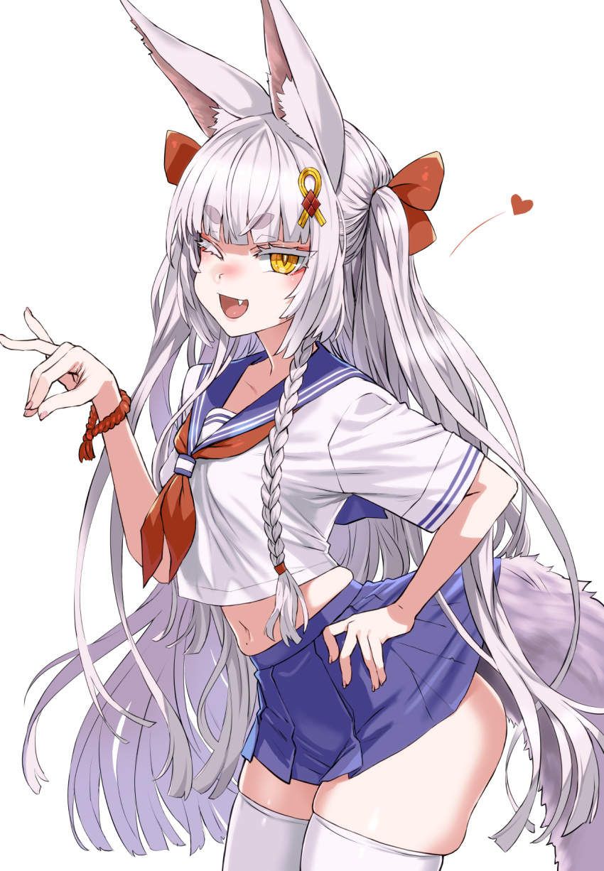 1girl alternate_costume animal_ear_fluff animal_ears asanagi asanagi_(azur_lane) azur_lane blue_sailor_collar braid fang fox_ears fox_girl fox_shadow_puppet fox_tail hair_ornament heart highres hikimayu long_hair looking_at_viewer neckerchief open_mouth pleated_skirt red_neckerchief sailor_collar school_uniform serafuku shirt short_eyebrows simple_background single_braid skindentation skirt smile solo tail thighhighs white_background white_hair white_shirt white_thighhighs yellow_eyes