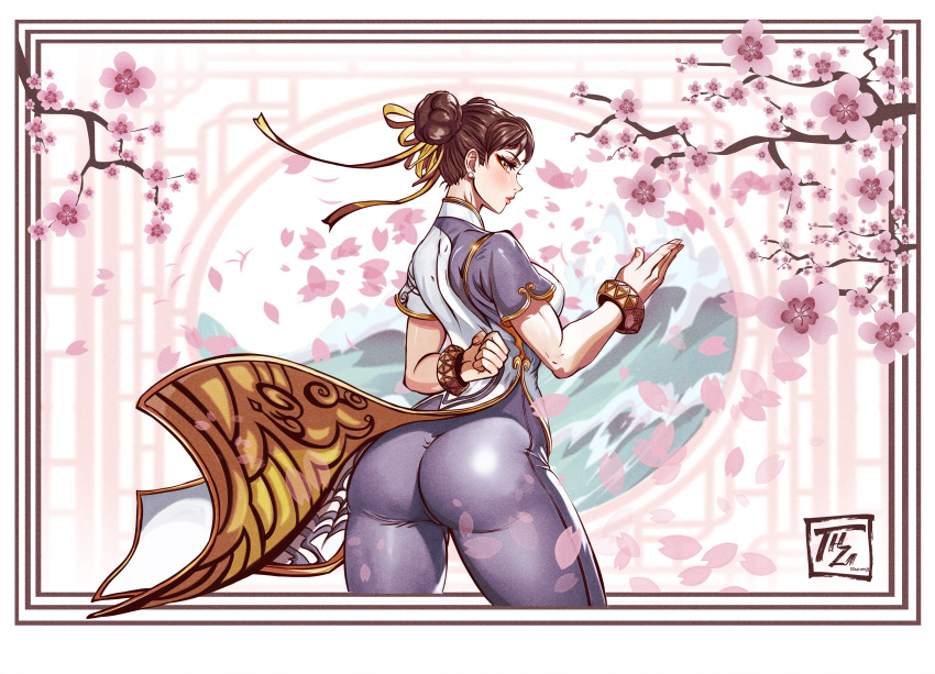 1girl absurdres arm_behind_back ass blue_bodysuit blue_dress bodysuit bodysuit_under_clothes bracelet breasts brown_eyes brown_hair cherry_blossoms china_dress chinese_clothes chun-li clenched_hand commentary double_bun dress earrings english_commentary fighting_stance fingernails hair_bun hair_ribbon hamza_touijri highres jewelry kung_fu large_breasts looking_at_viewer mature_female multicolored_clothes multicolored_dress petals red_eyeliner red_lips ribbon seamed_legwear short_hair solo street_fighter street_fighter_6 stud_earrings thick_thighs thighs tight_clothes white_dress yellow_ribbon