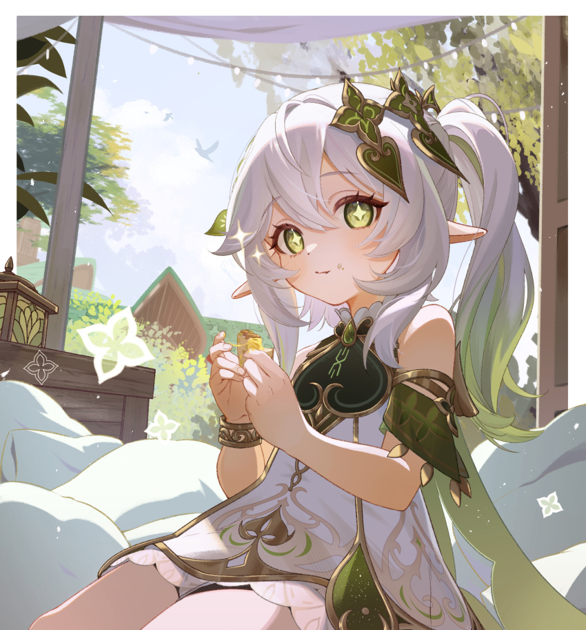 1girl bare_shoulders bug butterfly camunekoz closed_mouth commentary day dress eating flashing flower food food_on_face genshin_impact green_eyes hair_between_eyes hair_ornament highres holding holding_food long_hair nahida_(genshin_impact) outdoors pointy_ears shiny_skin sitting sleeveless sleeveless_dress smile solo tree white_hair