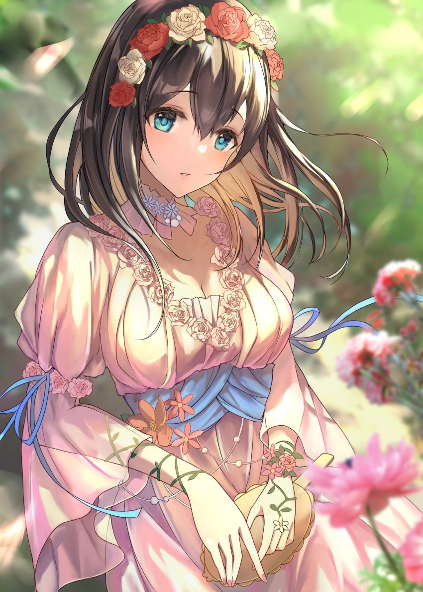 1girl black_hair blue_eyes blue_ribbon blue_sash blurry blurry_background blush breasts brown_hair cleavage collarbone commentary cowboy_shot detached_collar dot_nose dress flower hair_between_eyes hair_flower hair_ornament hairband highres holding holding_mirror idolmaster idolmaster_cinderella_girls idolmaster_cinderella_girls_starlight_stage large_breasts long_hair long_sleeves looking_at_viewer mirror nyome991 orange_flower outdoors parted_lips pink_flower red_flower red_rose ribbon rose sagisawa_fumika sash see-through see-through_sleeves smile solo symbol-only_commentary tree white_dress white_flower white_rose