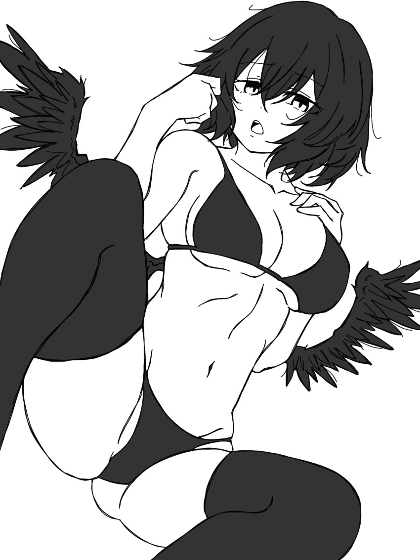1girl bikini bird_wings black_feathers black_hair black_wings breasts commentary feathered_wings feathers fumomono greyscale half-closed_eyes highres looking_at_viewer messy_hair monochrome navel open_mouth shameimaru_aya short_hair simple_background solo swimsuit thighhighs touhou white_background wings