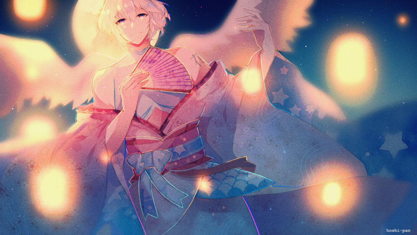 1boy artist_name bare_shoulders blue_bow blue_shirt bow closed_mouth commission dutch_angle english_commentary feathered_wings floral_print full_moon hand_fan holding holding_fan hoshi-pan japanese_clothes kanji_tattoo kimono lantern long_sleeves looking_at_viewer making-of_available male_focus moon night night_sky obi off_shoulder original outstretched_hand pink_kimono pink_sash purple_eyes sash scale_print shirt short_hair shoulder_tattoo sky sleeveless sleeveless_shirt smile star_(symbol) star_print tattoo waist_bow white_hair white_wings wide_sleeves wings