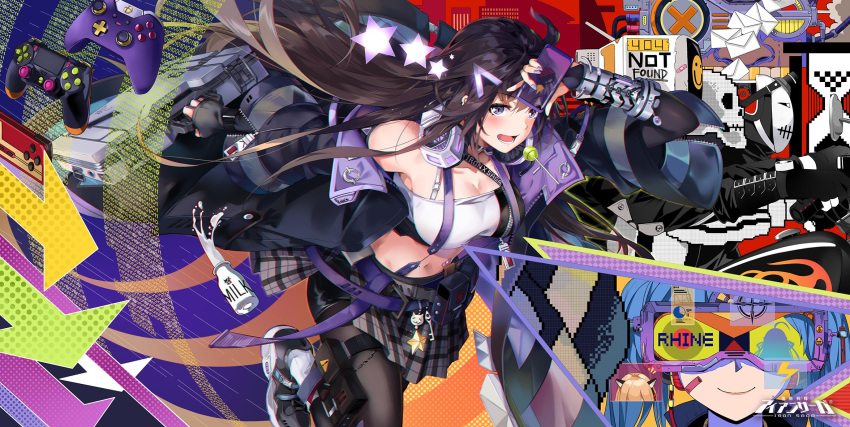 black_hair bora_(iron_saga) breasts case controller copyright_name fingerless_gloves game_controller glasses gloves grey_eyes hair_ornament highres holding holding_case holding_phone iron_saga leila_(iron_saga) long_hair navel neko_(yanshoujie) official_art phone shoes skirt smile snow_(iron_saga) veronica_(iron_saga)