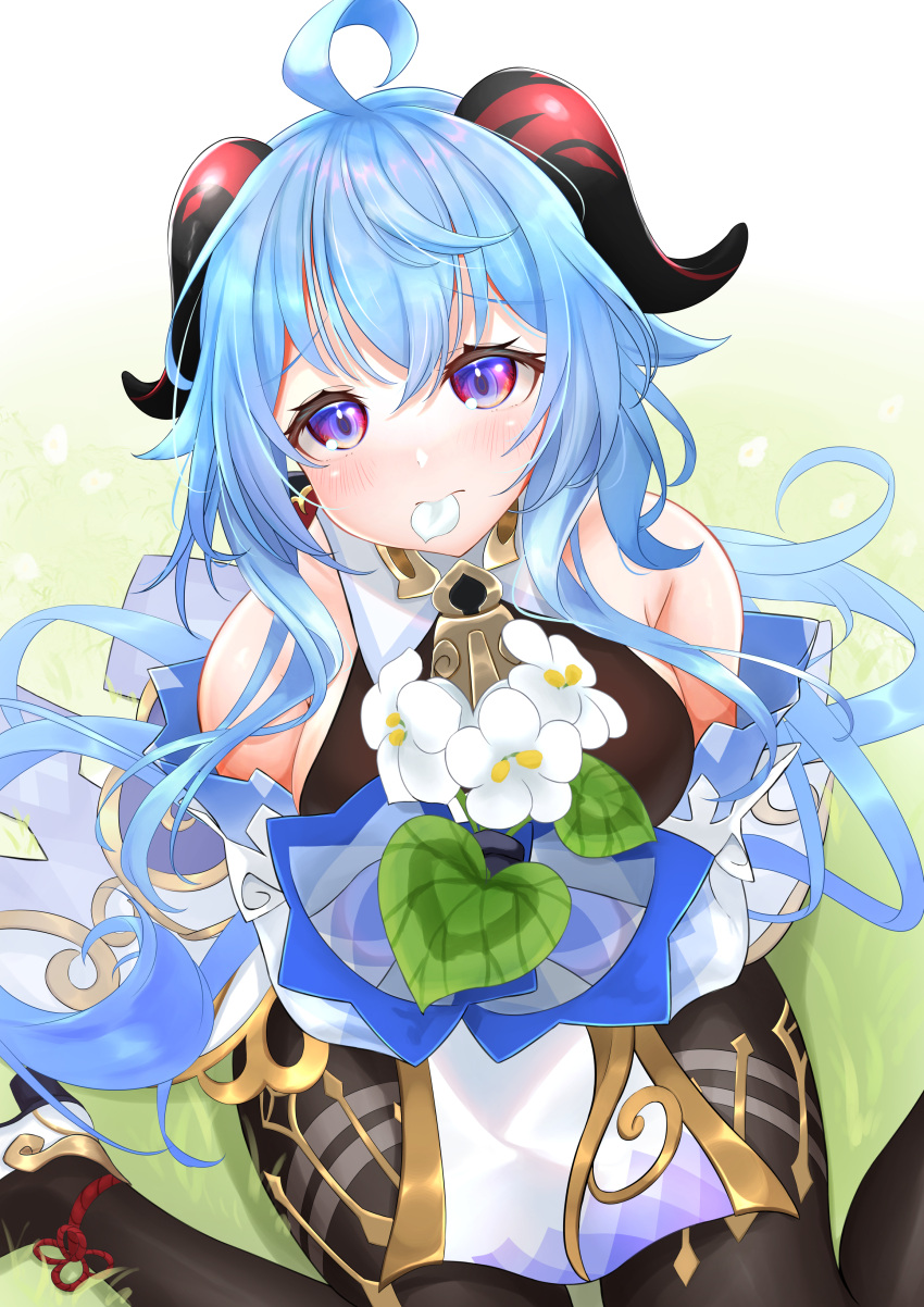 1girl absurdres ahoge bare_shoulders bell black_pantyhose blue_hair blush bow breasts detached_sleeves eating_flower flower ganyu_(genshin_impact) genshin_impact gold_trim highres holding holding_flower horns long_hair looking_at_viewer medium_breasts neck_bell pantyhose petals_in_mouth purple_eyes qingxin_flower sideboob sidelocks sitting solo thighlet tsuri_pi wariza white_flower white_sleeves