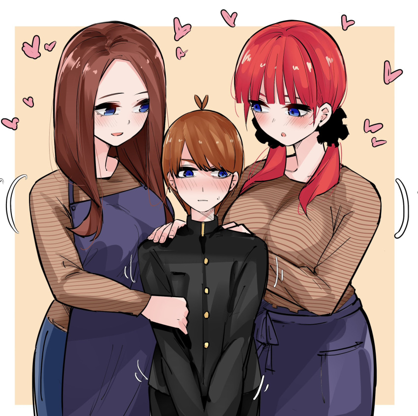 1boy 2girls :d :o age_difference aged_up antenna_hair apron aunt_and_nephew black_scrunchie black_shirt blue_eyes blunt_bangs blush border breast_press breasts brown_hair brown_shirt casual clenched_teeth commentary embarrassed eyebrows_hidden_by_hair fidgeting girl_sandwich go-toubun_no_hanayome hair_ornament hair_scrunchie heart highres hug hug_from_behind large_breasts long_hair long_sleeves looking_at_another looking_to_the_side low_twintails mame1645 motion_lines multiple_girls nakano_miku nakano_nino nose_blush official_alternate_hairstyle open_mouth original purple_apron red_hair sandwiched school_uniform scrunchie shirt short_hair simple_background smile sweatdrop symbol-only_commentary teeth twintails v_arms white_border yellow_background