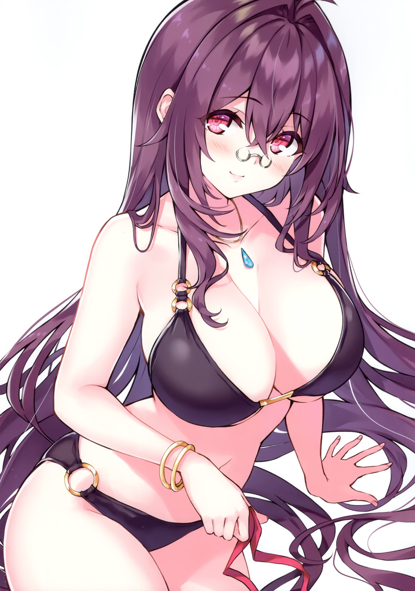 1girl absurdres arm_support bare_shoulders bikini blush bracelet breasts brown_hair cleavage closed_mouth cu-no glasses highres hisen_kaede jewelry kokonoe_tamaki large_breasts long_hair looking_at_viewer necklace o-ring o-ring_bikini red_eyes scan simple_background smile swimsuit thighs white_background