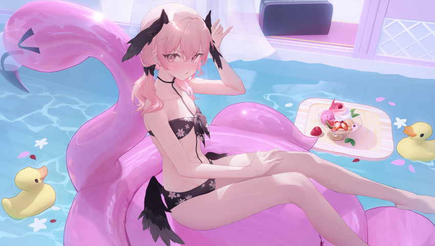 1girl absurdres barefoot bikini black_wings blue_archive blush commentary dingding_(chongsangjun) feathered_wings food front-tie_bikini_top front-tie_top halo head_wings highres ice_cream inflatable_flamingo koharu_(blue_archive) koharu_(swimsuit)_(blue_archive) looking_at_viewer low_wings official_alternate_costume pink_eyes pink_hair pink_halo pool print_bikini rubber_duck solo spaghetti_strap swimsuit twintails wings