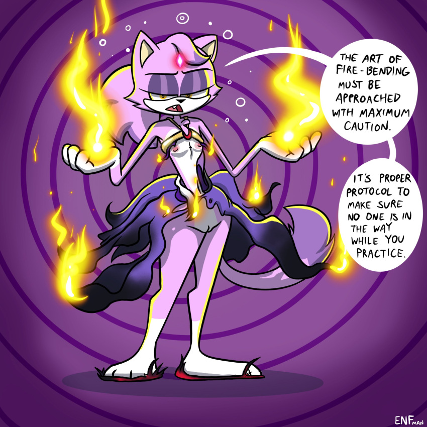 anthro blaze_the_cat clothing domestic_cat felid feline felis female fire flat_chested genitals hi_res hypnosis mammal mind_control open_mouth pussy sega solo sonic_the_hedgehog_(series) theenfman wardrobe_malfunction