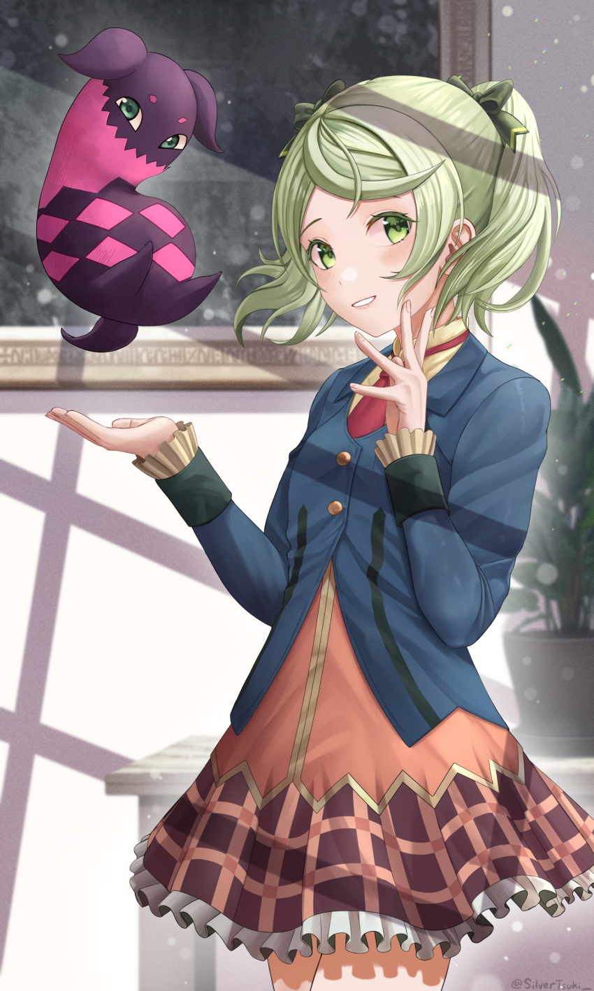 1girl absurdres blonde_hair creature dress elize_lutus green_eyes hair_ribbon highres looking_at_viewer ribbon school_uniform short_hair silvertsuki smile tales_of_(series) tales_of_xillia tales_of_xillia_2 teepo_(tales) yellow_eyes