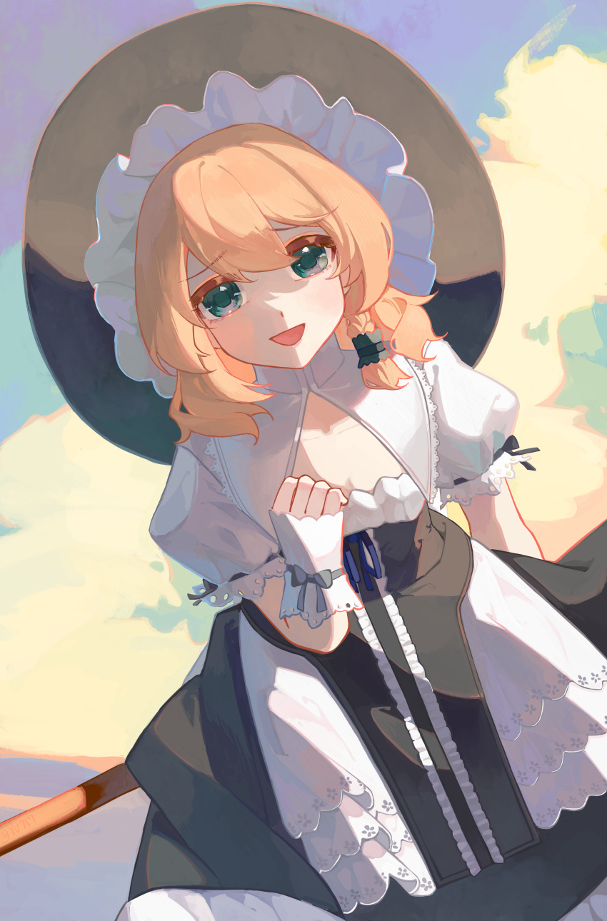 1girl :d absurdres black_headwear black_skirt blonde_hair blush bow braid breasts broom broom_riding cindy717 cleavage cleavage_cutout clothing_cutout collarbone commentary cowboy_shot grass green_eyes grey_bow hand_on_own_chest hand_up hat highres kirisame_marisa looking_at_viewer medium_hair open_mouth puffy_short_sleeves puffy_sleeves shirt short_sleeves single_braid skirt small_breasts smile solo touhou white_shirt witch_hat wrist_cuffs