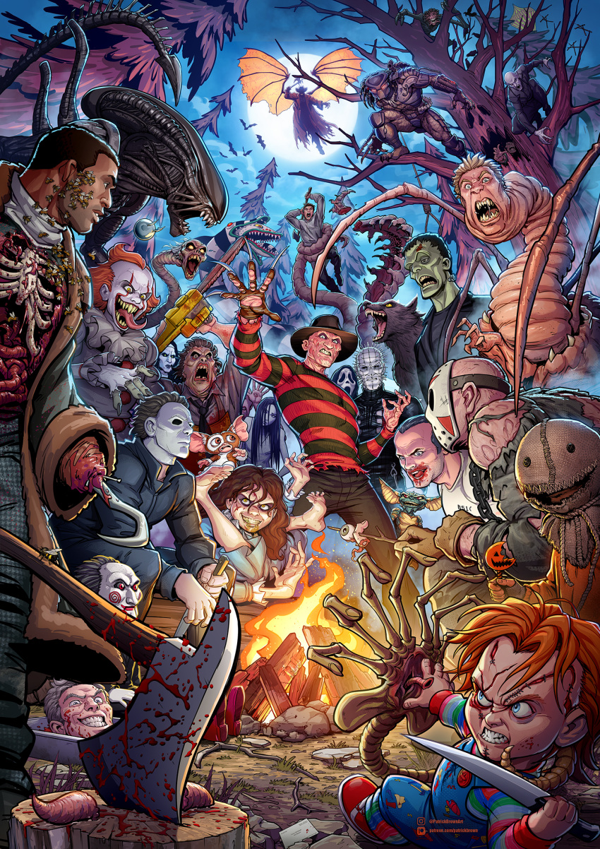 6+boys 6+others a_nightmare_on_elm_street alien alien:_isolation alien_(movie) alien_vs._predator aliens arm_blade armor axe beetlejuice blood blood_on_weapon blue_eyes breasts campfire candyman chainsaw character_request child's_play chucky claw_(weapon) claws clown clown_nose copyright_request crossover dreadlocks dress evil_grin evil_smile extra_mouth fangs fishnets frankenstein freddy_krueger friday_the_13th gauntlets gloves grin halloween hat helmet highres hockey_mask holding holding_chainsaw it_(stephen_king) jacket jason_voorhees knife laser_pointer_(projection) laser_sight leatherface long_hair long_sleeves machete mandibles mask mask_on_head monster multiple_boys multiple_girls multiple_mouths multiple_others muscular neck_ruff nested_mouths open_mouth orange_hair patrick_brown pauldrons pennywise plasma_caster predator predator_(movie) predator_(series) predators red_hair shirt short_hair shoulder_armor shoulder_cannon skull smile stitched_face stitches striped striped_shirt teeth the_texas_chainsaw_massacre thigh_armor vampire weapon werewolf wrist_blades xenomorph