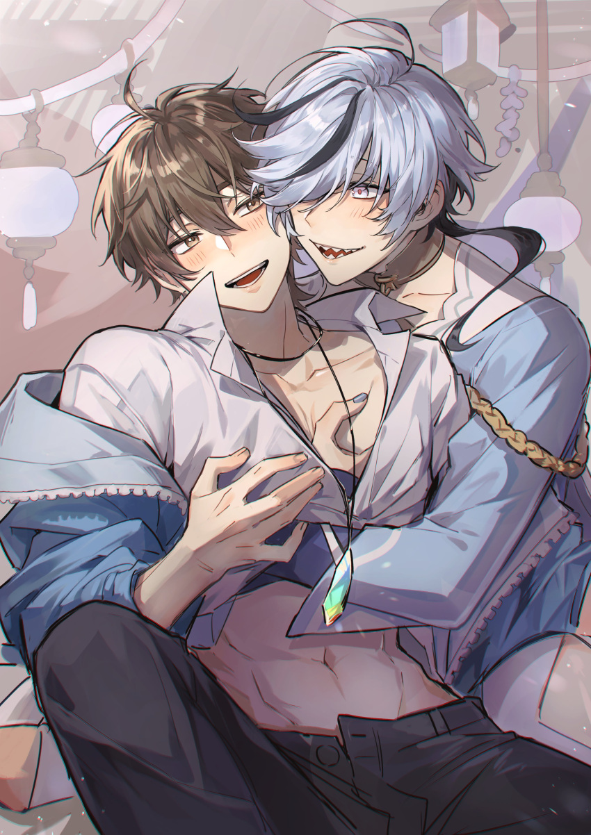 2boys abs absurdres bishounen black_hair black_pants blade_(nu_carnival) brown_eyes brown_hair eiden_(nu_carnival) grabbing grey_eyes grey_hair hair_over_eyes highres hug hug_from_behind long_sleeves looking_at_another male_focus multicolored_hair multiple_boys nanin navel nu_carnival off_shoulder open_mouth pants pectoral_grab sharp_teeth short_hair silver_nails smile streaked_hair teeth yaoi