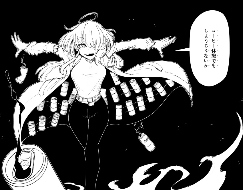 1girl ahoge arms_up belt belt_pouch breasts can canned_coffee coat commentary_request crushed_can earrings feet_out_of_frame greyscale hair_over_one_eye high_contrast highres jewelry lapels long_hair long_sleeves looking_at_viewer medium_breasts monochrome notched_lapels one_eye_covered open_can open_clothes open_coat open_mouth original outstretched_arms pants pouch sakifox shirt shirt_tucked_in sidelocks simple_background sketch smile smoke smug solo speech_bubble spread_arms standing teeth tented_shirt tight tight_pants translation_request upper_teeth_only