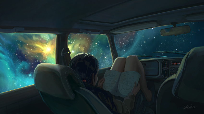 1girl absurdres black_hair book car_interior diagram facing_away hair_ornament hair_scrunchie highres holding holding_book kake_(kakelele) knees_up long_hair long_sleeves nebula original reading rear-view_mirror red_scrunchie scrunchie seatbelt signature sitting sky solo space star_(sky) starry_sky vehicle_interior window windshield wipers