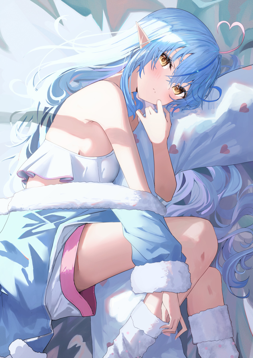 1girl absurdres ahoge aki_uzuki3 bare_shoulders blue_hair blue_jacket closed_mouth crossed_bangs elf eye_mask full_body hair_between_eyes highres holding holding_pillow hololive jacket kneehighs long_hair long_sleeves looking_at_viewer lying on_side open_clothes open_jacket pillow pointy_ears short_shorts shorts socks solo sunlight virtual_youtuber white_background white_socks wide_sleeves yellow_eyes yukihana_lamy yukihana_lamy_(4th_costume)